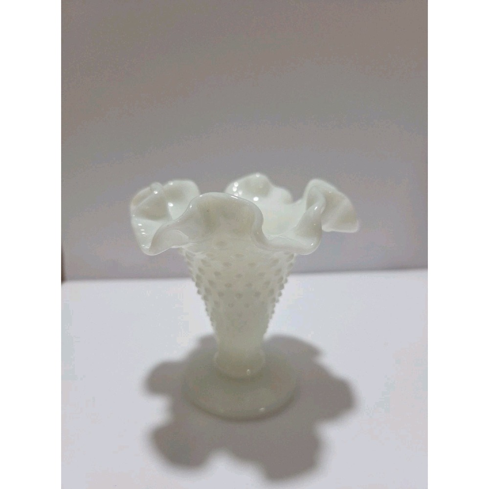 Vintage Fenton Milk Glass Hobnail Trumpet Vase Ruffled Fluted Rim White